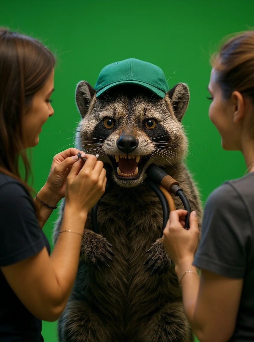 Make this raccon looking cute and make him on a movie set, with a green screen in the background, a raccoon actor is smiling while women are putting makeup on him. The raccoon gives a thumbs up, soft bright light, raccoon wearing green emeralnd color cap, remove cables emoji