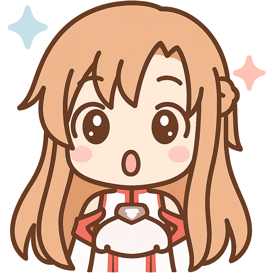 Sticker of Asuna from Sword Art Online in kawaii style, surprised expression, transparent background, inspired by the reference image. emoji