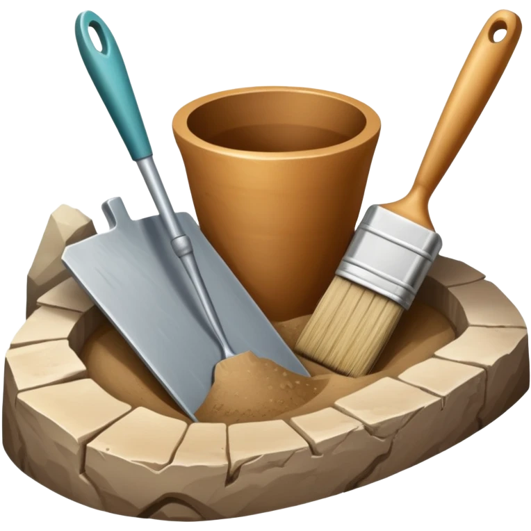 An icon showing an archaeologist’s tools: a trowel, brush, and a partially uncovered ancient artifact like a vase or tablet. The design includes a sandy excavation site with ruins in the background, symbolizing the discovery of past civilizations. Transparent background  emoji