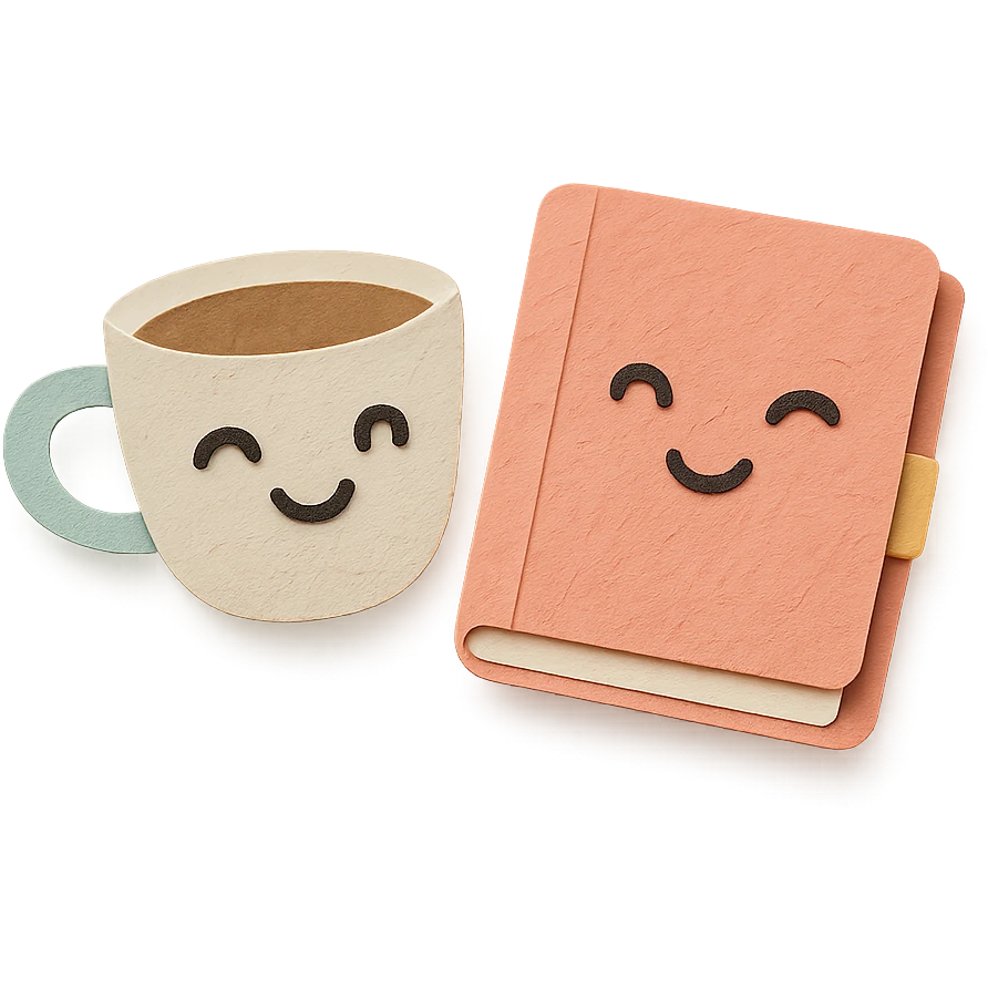 coffee cup and diary notebook with winking faces, soft pastel colors emoji