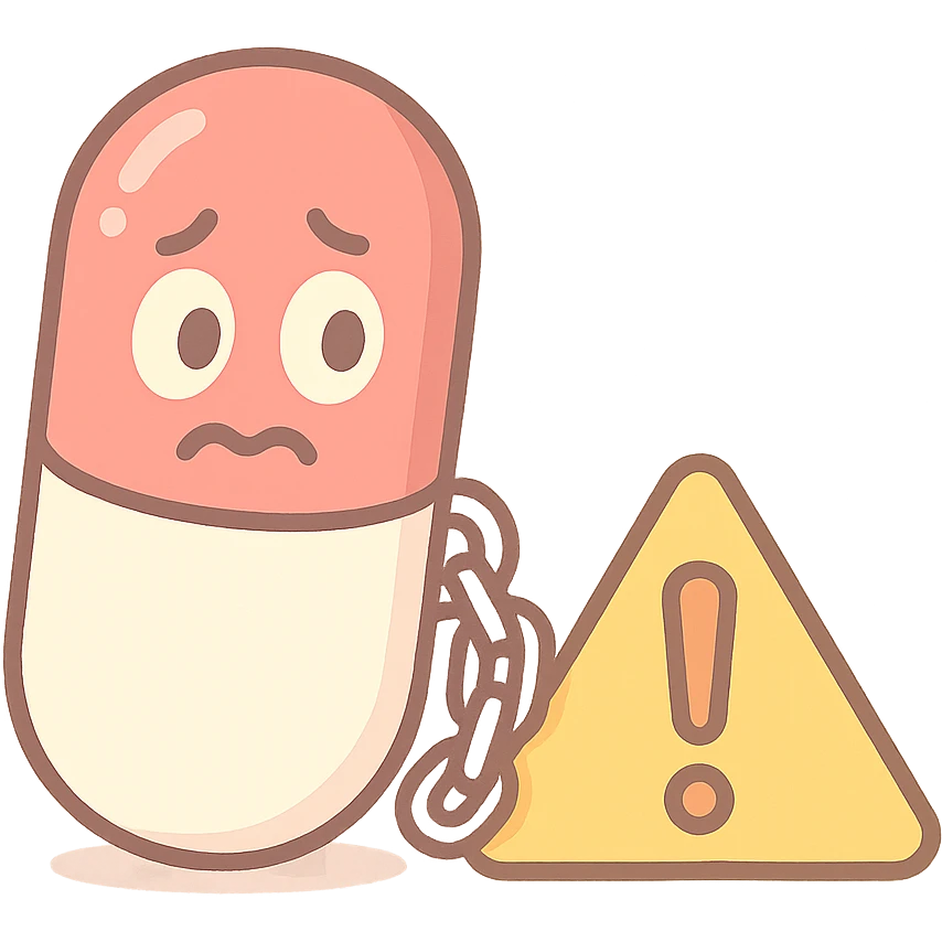 pastel toon style cartoon icon of a red medicine capsule with a chain, anxious eyes, warning sign emoji