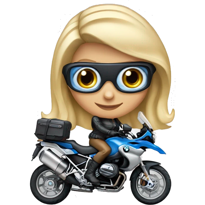 blond lady, 50 years, blue eyes on motorcycle bmw gs 700, wearing helmet emoji