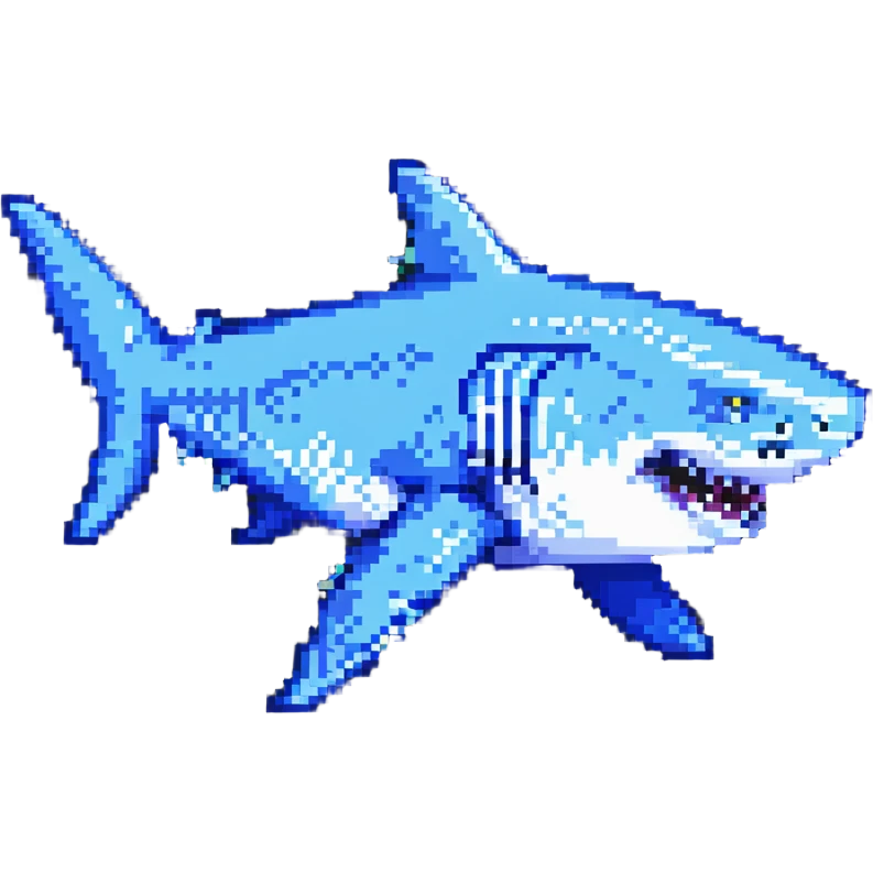 Tralalero Tralala, an Italian Brainrot character: a great white shark with three legs, wearing blue Nike shoes, pixel art style emoji