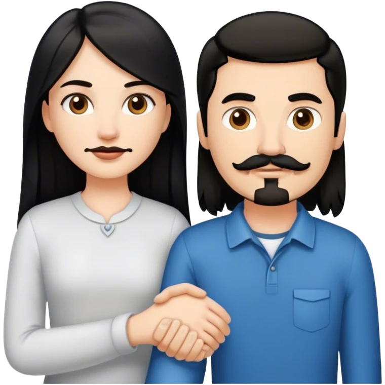 a white girl with long black hair, holding hands with a white guy with short brown hair goatee mustache emoji