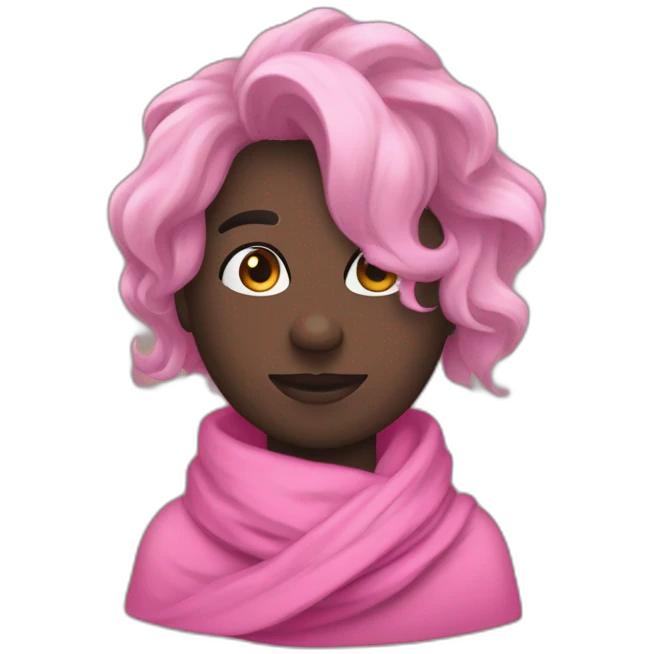 Esta imagen es un dibujo de un personaje con el pelo puntiagudo y una bufanda. El personaje tiene una bufanda rosa alrededor del cuello. El personaje tiene el pelo puntiagudo que es negro emoji