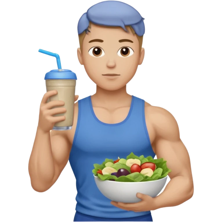 A young male person with a muscular, well-defined build. He has short dark blonde hair, a medium light skin tone, and a neutral facial expression. He wears blue cloth. He is holding a salad in one hand and a protein shake in the other. emoji
