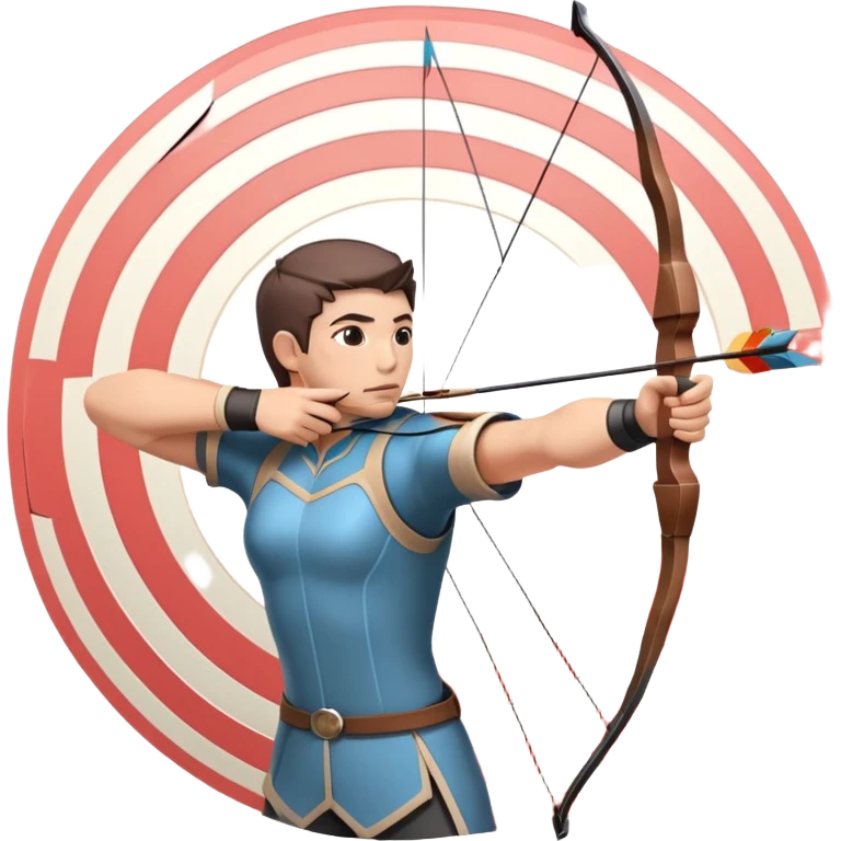An archer drawing a bow and aiming an arrow at a target, with perfect focus and precision. The target is visible in the background, featuring concentric rings. The scene captures the concentration and skill involved in archery, emphasizing the elegance and accuracy of the sport. emoji