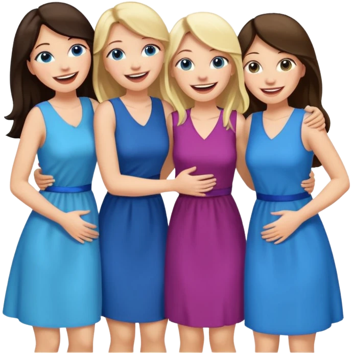 four adult white women laughing and hugging.  Two have long dark brown hair.  Two have blonde hair and blue eyes. emoji