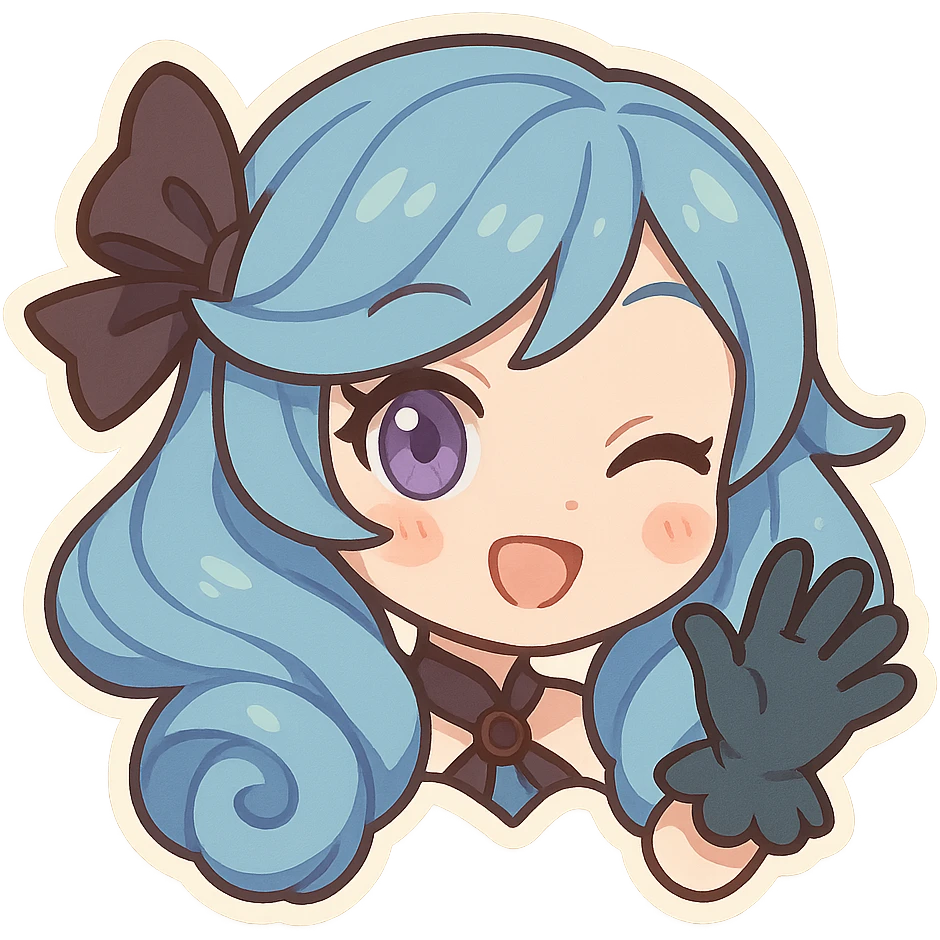 chibi style Gwen from League of Legends, only head, right eye purple, one hand waving with glove, playful expression emoji