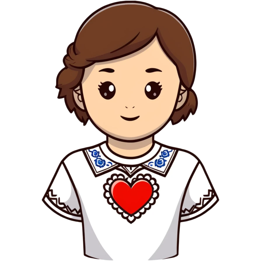 beautiful young girl with brown hair wearing a white Ukrainian embroidered shirt with a big heart design emoji