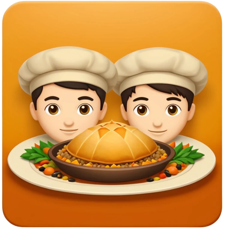 Uzbek cuisine avatar in bright emoji-style illustration. Classic dishes like plov and samsa, warm golden and earthy tones, simple shapes, flat design, high contrast, friendly and appetizing. emoji