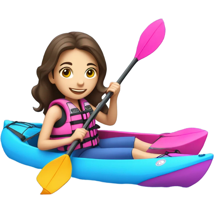 Brunette girl Kayaking with a pink life vest and a  blue kayak  emoji