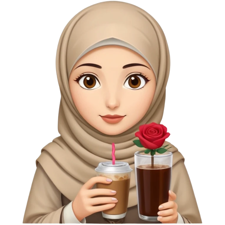 Turkish beautiful finish Konya girl eyes with beige hijab islamic dress and had on her hand Rose Cold brew coffee   emoji
