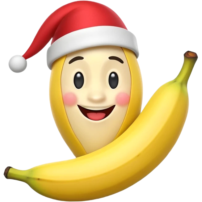A 3D cartoon banana with a red nose and tiny hat, smiling face, playful pose, Memoji-style. emoji