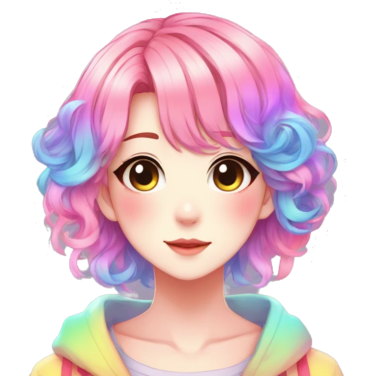 Gorgeous anime style shojo character with blushing face aesthetic and pretty colorful shiny gradient neon rainbow hair with hair garment trending style emoji