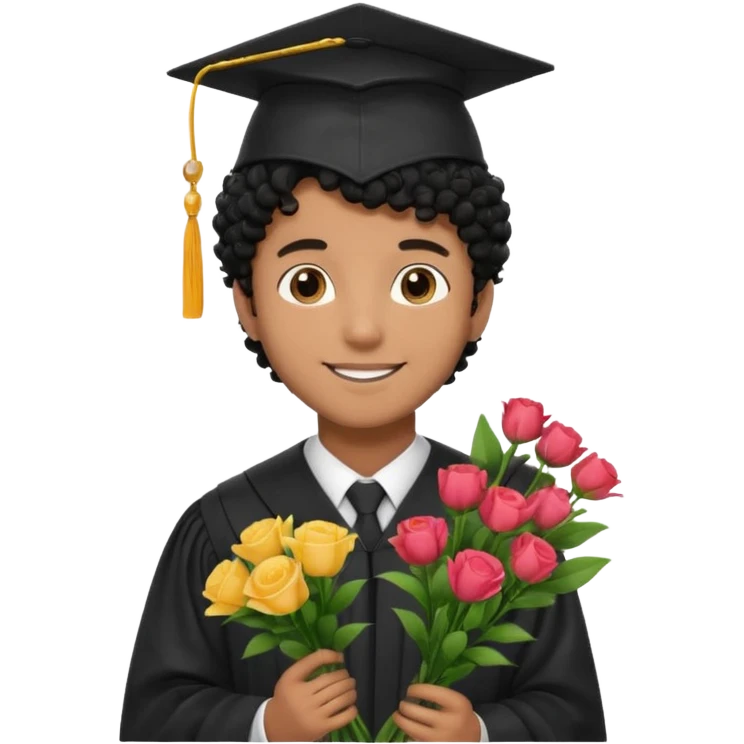 Graduated Students, Male,  brown skin, black curly hair, wearing graduation cap, holding bouquet of flowers
 emoji