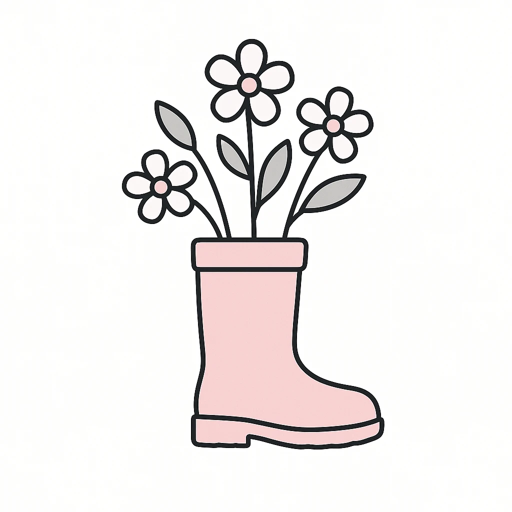a rain boot filled with blooming spring flowers, flat pastel illustration style emoji