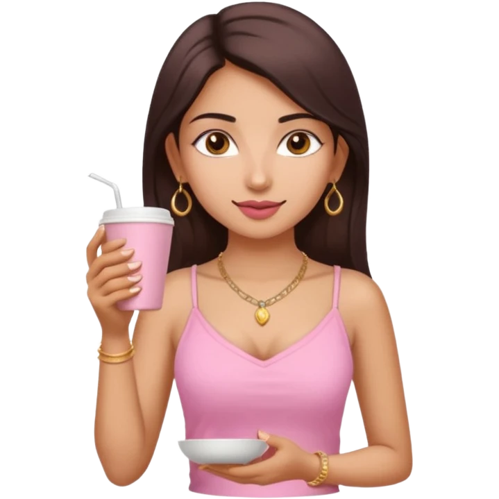 a pretty fair indian bratz girl with a pink cami top, drinking takeaway brown coffee, golden dainty necklace and carrying a white bag emoji