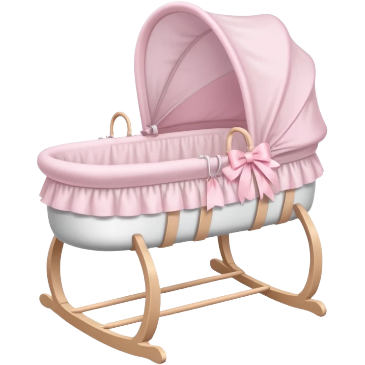 White and light pink dreamy empty bassinet for a baby with white legs and pink bows emoji