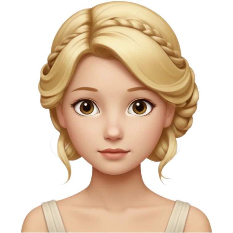 Cinematic Realistic Journal Portrait, depicted with lifelike skin texture, subtle rosy undertones, and soft natural lighting that enhances the gentle contours of her face. Her intricately detailed golden blonde hair is elegantly styled in an updo, emoji