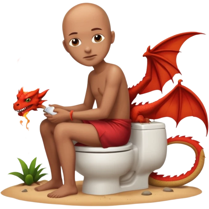 Una persona sin pelo sentada en un vater en una isla de sierta con un dragón escupiendo fuego emoji