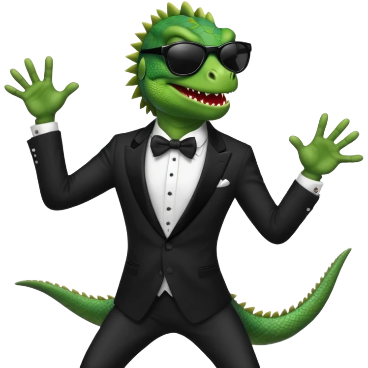capitalist iguana banker in tuxedo and black sunglasses dancing crazy emoji
