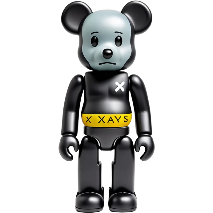 Bearbrick figure with signature KAWS X eyes, simplified toy bear shape with articulated limbs emoji