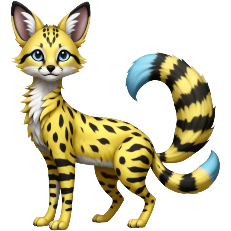 beautiful elegant spotted hype-realistic, black-maned, vibrant yellow Genet-Serval-Sergal-Margay-Fox-fusion-hybrid-furry-fursona, full body, with a long puffy fluffy black-and-white-striped tail, black long big ears, with natural blue eyes emoji