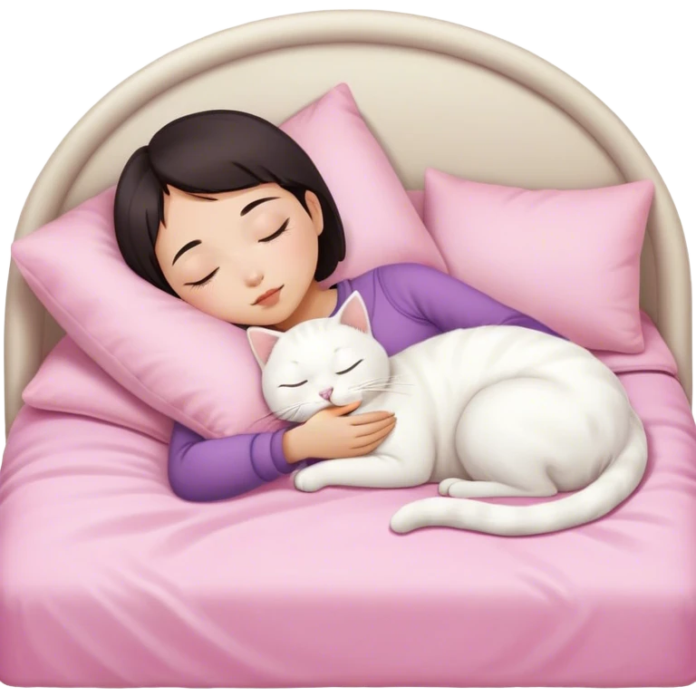 White cat sleeping with Asian girl short hair in pinky bed  emoji