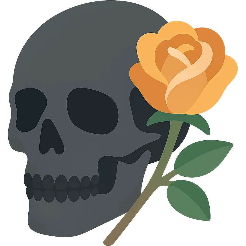 A dark, grey skull with sharp, angular features and a mysterious, haunting aura, featuring a rose delicately placed in one of its hollow eye sockets. The skull is in shades of grey, accented with soft tones of golden orange (FA9B41), forest green (4A7C5C), muted taupe brown (96775A), and pastel peach (FFCC9A). The rose, vibrant in its peach and orange hues, contrasts with the cold, eerie grey of the skull, its petals unfurling gently around the eye socket. The background is dim and shadowy, with a faint, mystical glow illuminating the skull and rose, adding to the gothic and slightly surreal atmosphere. The scene feels both haunting and beautiful, with a touch of elegance. emoji