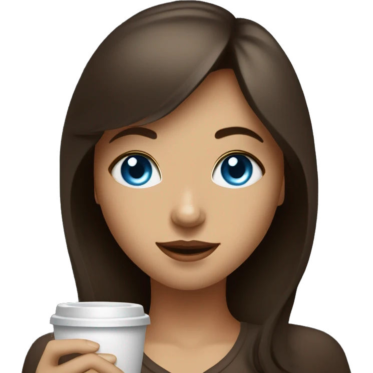 a girl with blue eyes with bangs on dark brown hair drinks coffee emoji