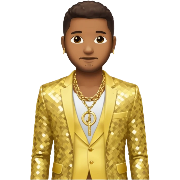 Usher with dark brown, pale yellow sequin suit jacket, shirtless with necklace emoji