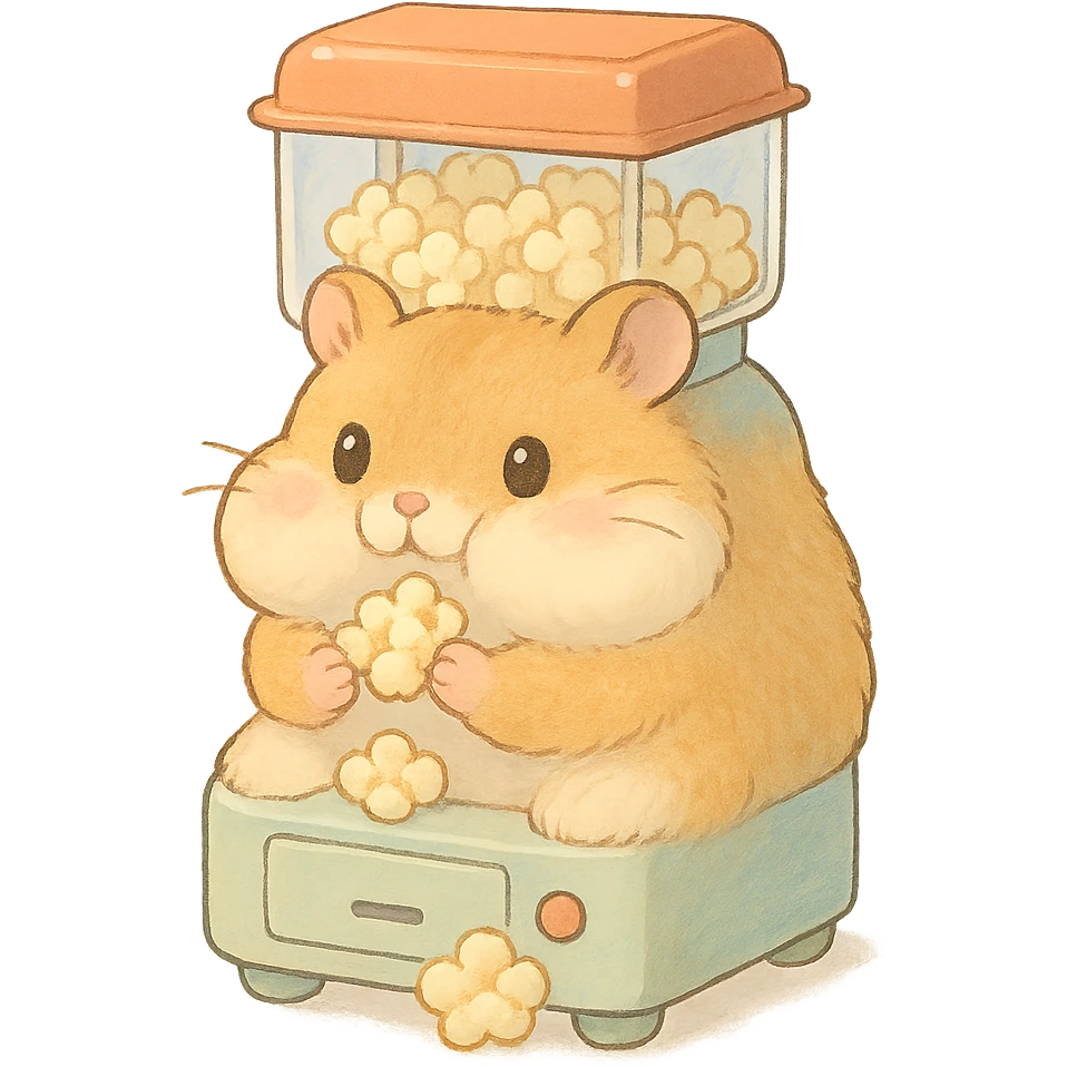 kawaii soft fluffy hamster designed as a popcorn machine appliance-animal hybrid, with puffed cheeks, holding popcorn, soft pastel colors, full-body, 电器拟动物风格 emoji