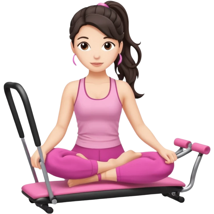 european white woman with dark wavy hair in ponytail using a pink set doing pilates emoji