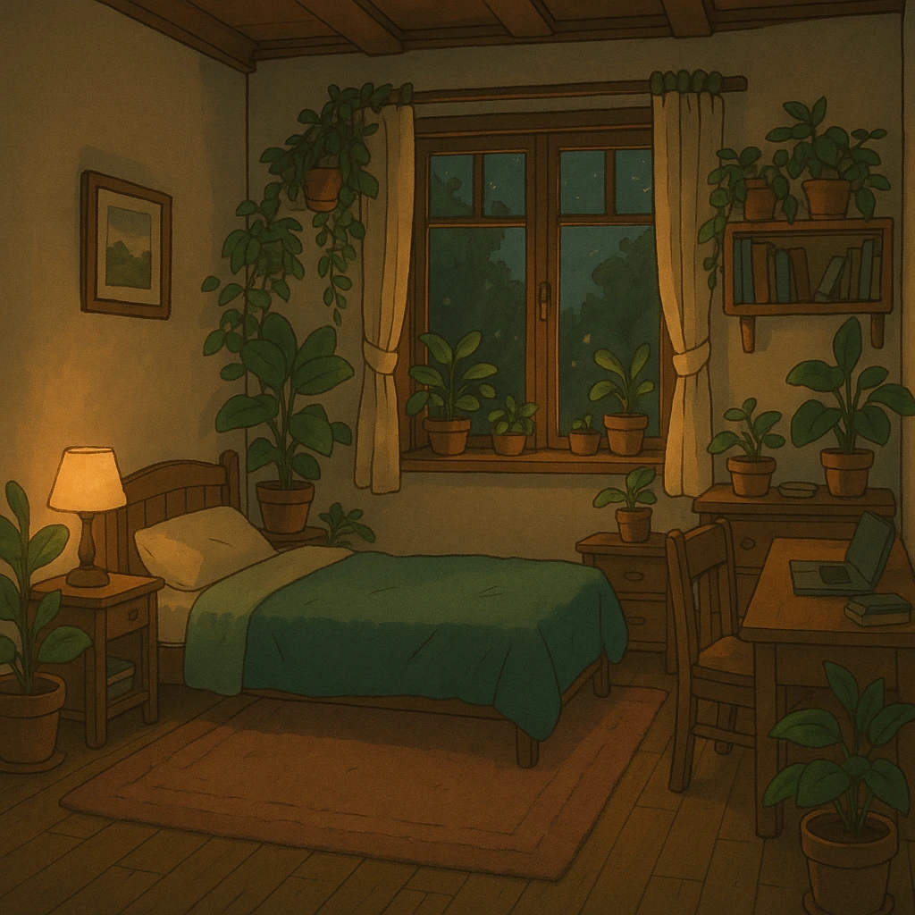 ghibli style cozy lofi room with plants and soft lighting emoji