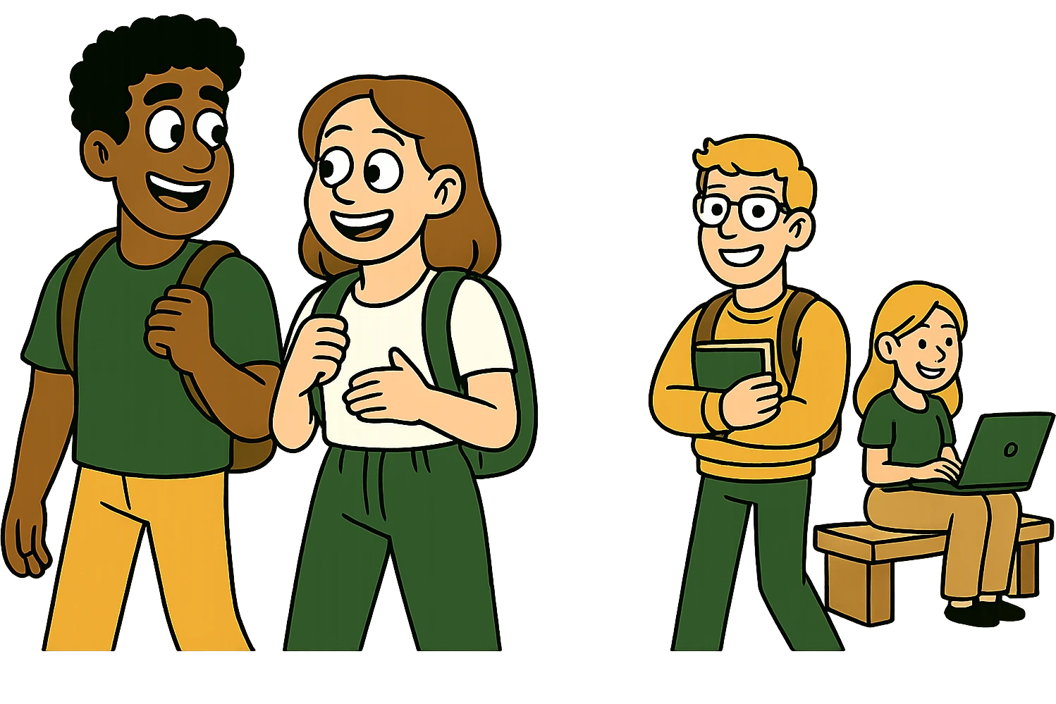 Edit the image of students to make all their faces happy with smiles. Keep the same modern style with green, gold, and white color scheme, rounded shapes, and simple design. Remove any background, making it transparent. emoji