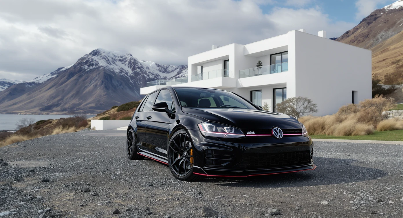 black Golf 4 with bodykit, in background is modern huge two flors white villa, in distance are iceland mountains, rule of thirds, shot on gopro hero, noise camera emoji