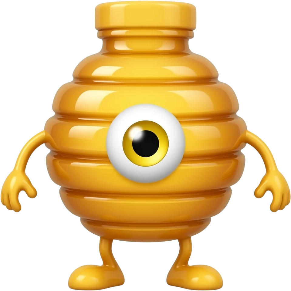 A honey bottle with one single eye and legs and arms with yellow eye emoji