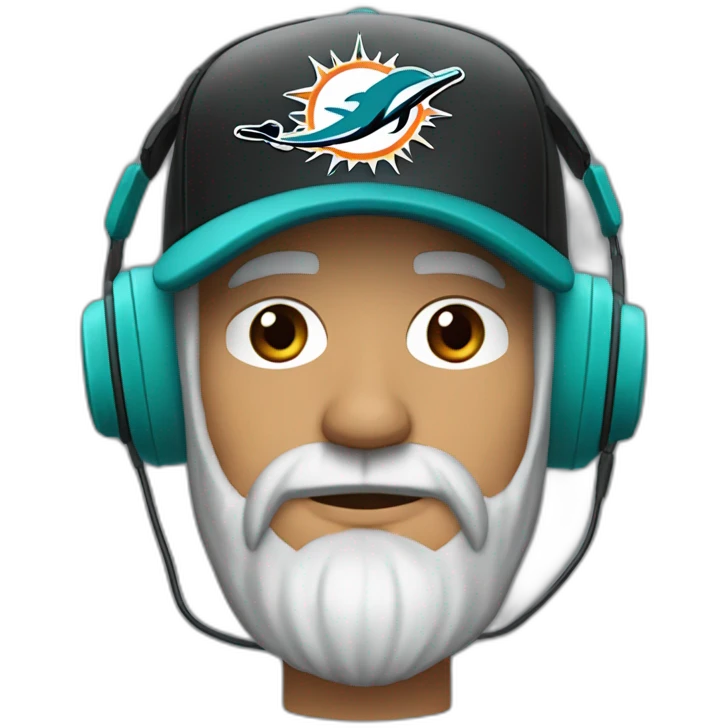sad grey bearded man wearing a black cap and a headset with a miami dolphins t-shirts emoji