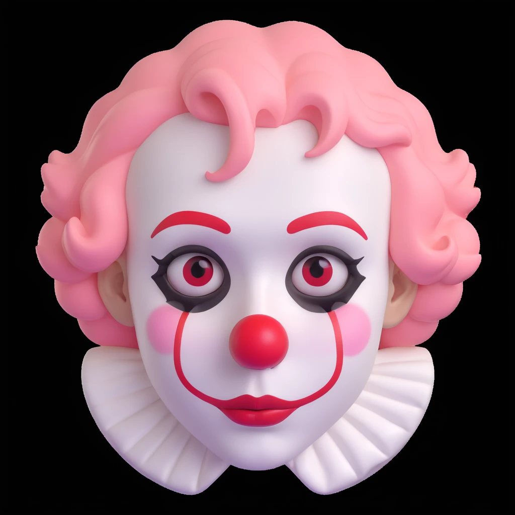 close-up cartoon portrait of a sorrowful clown, white face paint, red nose, minimalist makeup, single tear, short curly pastel pink hair, simple ruffled collar, soft lighting, polished emoji-like finish, white background emoji