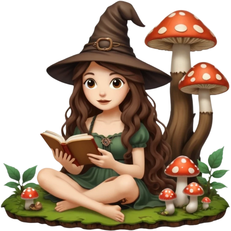 cute forest witch woman long wavy brown hair tattoos reading book on mushroom emoji