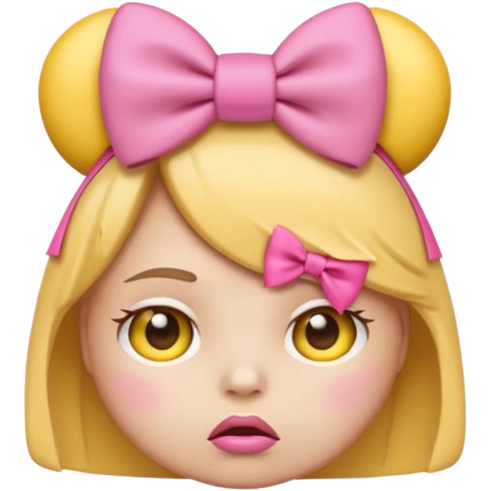 Pouting yellow face emoji with pink bow on head emoji