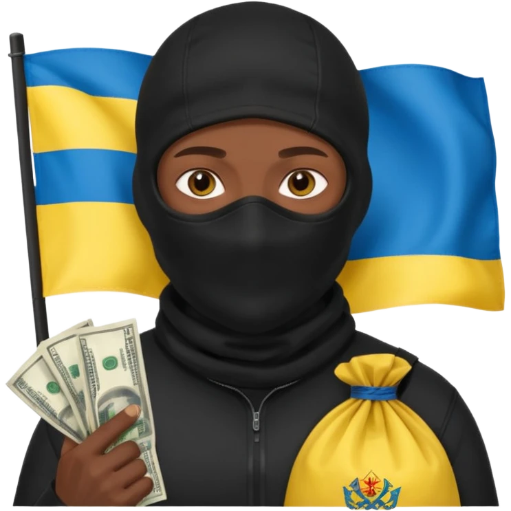 создай украинца в черное одежде и черной балаклаве с большим мешком денег на котором есть флаг страны в руках emoji