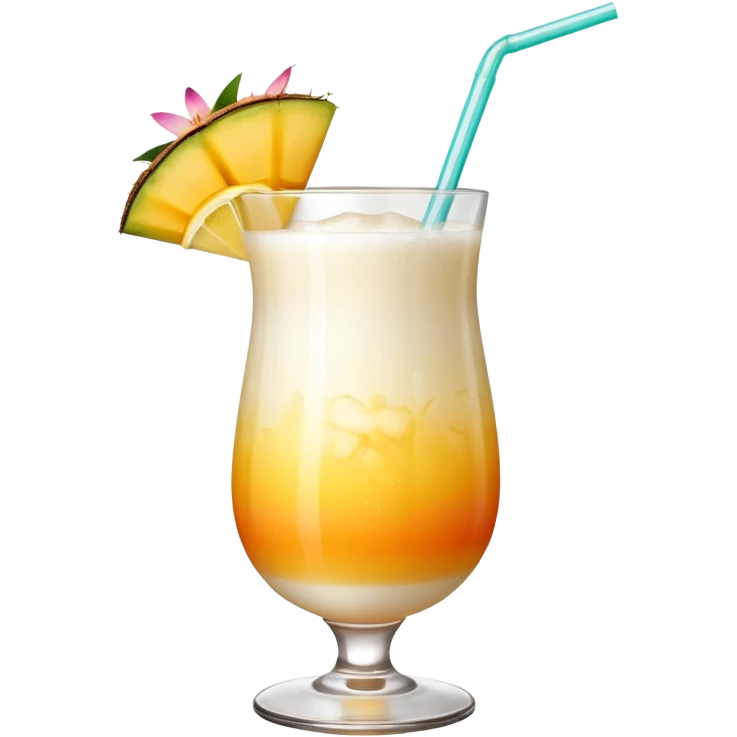 A beautiful cocktail with a creamy white to orange gradient, containing coconut juice and mango, reminiscent of summer. Above, there are tropical flowers, lemon slices, and a straws. emoji