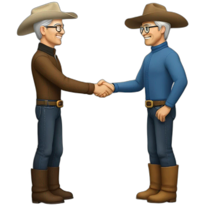Tim Cook in turtle neck shaking hands with a caucasian cowboy emoji