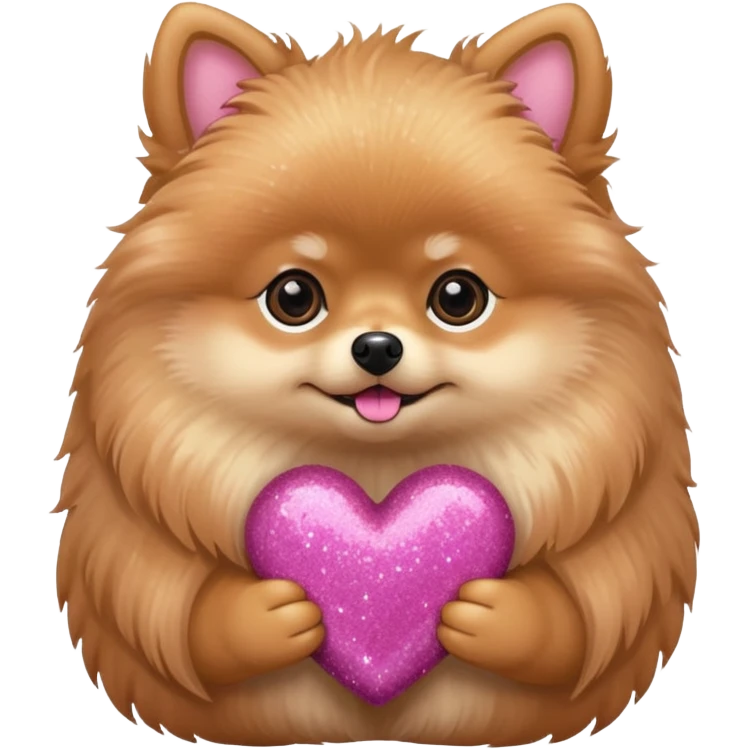 A perfect Tan Pomeranian holding a pink glitter heart  emoji
