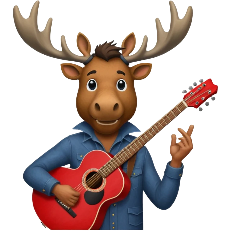 A man with a moose head in alaska pointing a red guitar directly up in the air. Make the graphics gritty and realistic like the moose man is a villian in a high budget batman movie. emoji