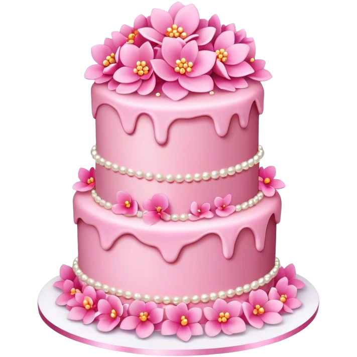 Three layer pink cake adorned with overflowing pink flowers and pearls emoji
