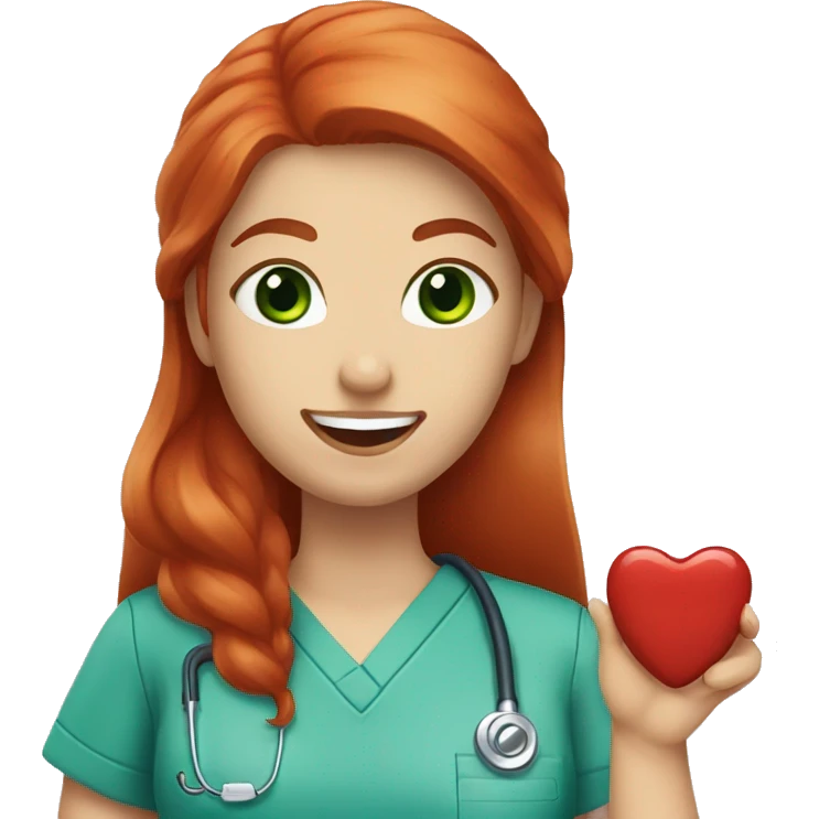 long red hair, green eyes, red lips girl, blue scrubs, holding a tooth emoji