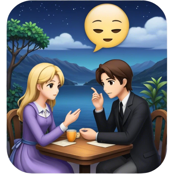 An icon representing a visual novel game, with a detailed background featuring a romantic or mysterious setting. Characters are in conversation, with dialogue boxes visible. The design captures the immersive storytelling and emotional depth of visual novels, set against a transparent background. emoji